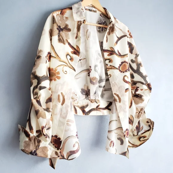 DOROTHEE SCHUMACHER ABSTRACT FLORAL NEUTRAL HIGH, LOW BLOUSE SIZE S/M - Picture 6 of 16